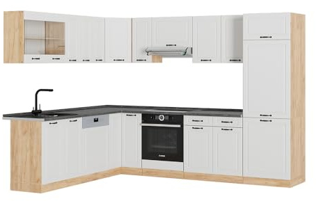 Vicco Eckküche R-Line, Weiß Landhaus/Goldkraft Eiche, 227 x 287 cm ohne Arbeitsplatte