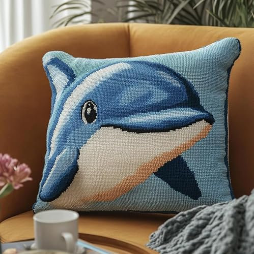 ASONGLINGO Kissen Knüpfen Set Cartoon-Delfin Knüpfkissen-Sets,Kreuzstich Knüpfkissen Zum Selber knüpfen Kissen Set,Knüpfpackungen Für Anfänger 43x43cm