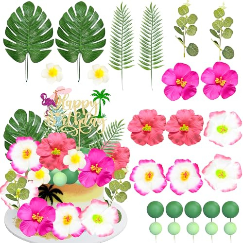 Gyufise 27 Pack Flower Cake Topper Hawaiian Flamingo Happy Birthday Cake Decorations Palm Leaves Hibiscus Balls for Hawaii Aloha Jungle Summer Theme Wedding Birthday Baby Shower Supplies Pink
