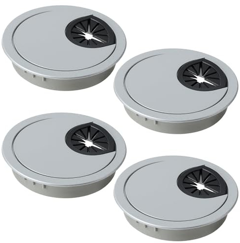 4 PCS Desk Cable Grommet 60mm(2.4 Inch), Plastic Table Cord Wire Round Tidies Caps Surface Port Hole Cover Tidy for Home Office Computer Desk Cable Wire Management (Brushed Silver)