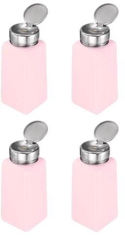 sourcing map 4pcs Solvent Alcohol Dispenser 250ml(8.5oz) Nail Polish Remover Push Down Liquid Dispenser Pump Bottle with Stainless Steel Press Head for Acetone Solution, Pink