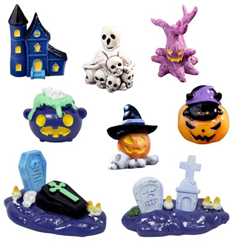 8 Stück Halloween Deko Miniatur,Mini Figuren für Puppenhaus Deko,Grabstein Halloween Miniaturen,Miniatur Harz Ornament,Geister Kürbis Grabstein Schädel Statue Puppenhaus Zubehör,Garten Tischdeko Innen