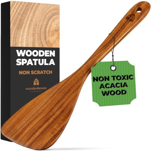 Pfannenwender Holz 30 cm aus Akazienholz, Holzlöffel zum Wenden und Braten