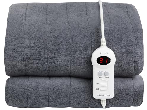 Russell Hobbs Heizdecke, grau, beheizter Überwurf aus Microfleece, 130 x 180 cm, mit digitaler Fernbedienung, automatische Abschaltung, Überhitzungsschutz, 12-Stunden-Timer, 9 Heizstufen RHHT1004GR