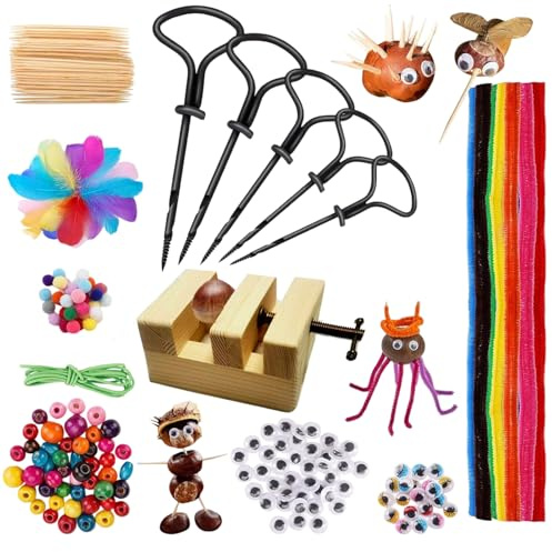 Kastanienbohrer Set Kastanien Bastelset Kinder mit Kastanienhalter zum Basteln mit Kastanien Herbst Kastanienmännchen DIY Set, mit DIY Bastel Zubehör (Style 1)