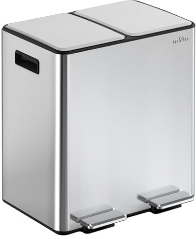 mVm Mülleimer Küche,40 Liter Treteimer,2 x 20 Liter Treteimer, 2 Fächer, Mülltrennsystem, Abfalleimer Küche mit Inneneimer aus Kunststoff,Metall,Klappdeckel, Softclose, Luftdicht