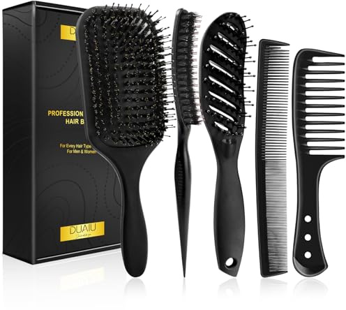 DUAIU Ensemble de Brosses à Cheveux Pour Homme, Kit de Coiffure Homme 5 Pièces, Brosse à Cheveux Poils de Sanglier, Brosse Ventilée, Brosse à Volume, Peigne à Dents Larges et Brosse/Peigne Double Face