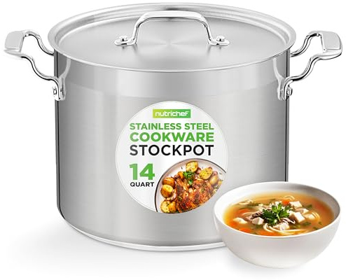 NutriChef Stainless Steel Cookware Stockpot - 14 Quart, Heavy Duty Induction Pot, Soup Pot with Stainless Steel Lid, Gas, Induction, Ceramic, Glass and Halogen Cooktops Compatible - NCSPT14Q