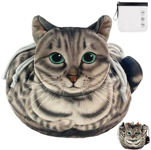 Cat Drawstring Makeup Bag Flat Lay Make Up Bag Portable Pouches Travel Makeup Bags for Women Large Cosmetic Bags Storage Organiser Cat Gifts for Women, Girls, Cat Lovers - Grey