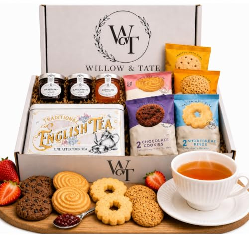 Afternoon Tea Gift Set – English Tea (40 bags), 5 Luxury Biscuit Packs & 3 Mini Fruit Jams – Elegant Tea & Biscuits Gift Box for Mum, Birthday, Thank You & Mother’s Day – Willow & Tate