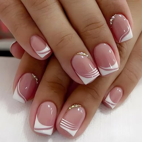 Stick on Nails for Women - 24 Pieces Square Press on Nails Short - Soft Gel French Tip False Nails with Glue - Fake Nails with Rhinestones Design - Full Cover Natural Nude Glue on Nails for Women