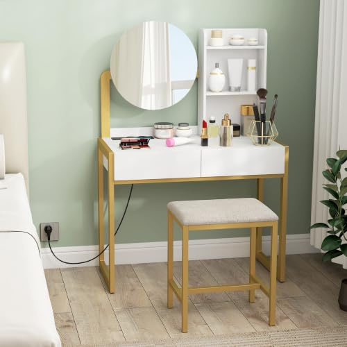 HOMCOM Tocador de Maquillaje con Espejo y Taburete Acolchado USB Blanco | Tocador con Estación de Carga, 2 Cajones, 3 Estantes Abiertos, Puerto USB, Estructura Metálica, para Dormitorio
