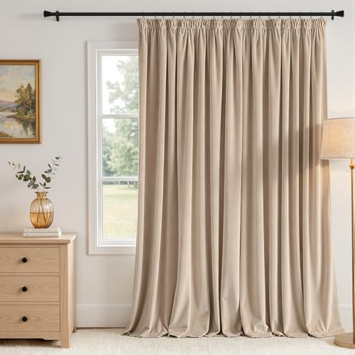 MIULEE Samtvorhang Kräuselband Blickdicht 1 Stück Dunkelbeige H245xB300cm | Samtvorhang schwer blickdicht, thermische Isolierung, Kräuselband, edler Look für Wohn- und Schlafzimmer