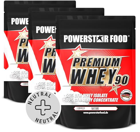 Powerstar PREMIUM WHEY 90 3x850g Natur - 90% Protein Süßungsmittelfrei | 60% CFM Whey Isolat & 40% CFM Konzentrat - Eiweißpulver Eiweiss Pulver - Made in Germany - Whey Protein Shake