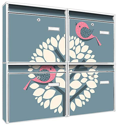 banjado Briefkastenanlage 4 Fach - Postkästen groß - verzinkter Stahl weiß DIN A4 Motiv Zwei Rosa Vögel - Briefkasten Set 4 Briefkästen Namensschild, 2 Schlüssel, Montagematerial