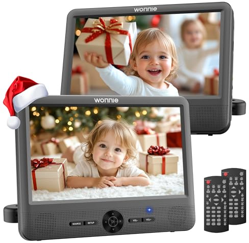 WONNIE 10 Car DVD Players, Portable DVD Player Dual Screen Play Two Different or The Same Movie with Headrest Mounts, 5 Hours Rechargeable Battery, 2 AC Adapters, All Regions, Support USB/SD/Sync TV