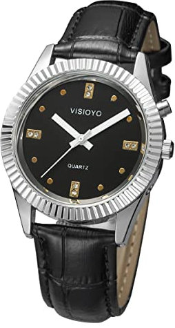 VISIONU Deutsch Sprechende Armbanduhr mit Weckerunktion, Ansage von Uhrzeit und Datum, Schwarz- Ziffernblatt