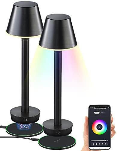 Lunartec Kabellose Tischlampe: Smarte Outdoor-Tischlampe, RGB-CCT-LEDs, App, Bluetooth, 2er-Set (mit Akkubetrieb, dimmbare LED Akku-Tischleuchte, Home)