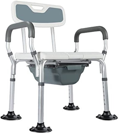 HEBEHO Toilettenstuhl Duschstuhl, Aluminium Nachtstuhl, höhenverstellbarer Toilettensitz mit Armlehne/Rückenlehne/Eimer, große Füße, 100kg belastbar