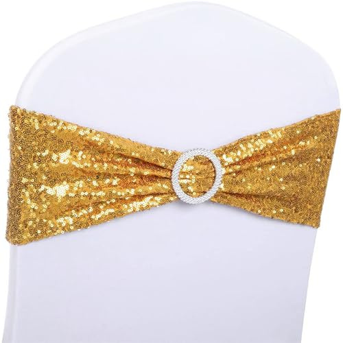 SINSSOWL Pack of 100 Spandex Sequin Gold Chair Sashes for Wedding Chair Sashes for Party Fiesta Baby Shower Decor Chairs Bands - Sequins Gold Sash for Chairs