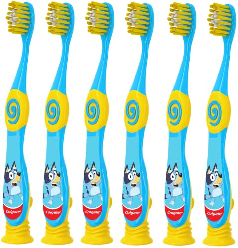 Colgate Bluey Lot de 6 brosses à dents pour enfants avec ventouse, pour enfants de 2 à 5 ans, extra douces (couleurs et personnages vert)