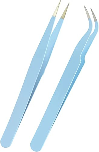 Pinzas para pestañas, paquete de 2 pinzas de acero inoxidable para extensiones de pestañas, pinzas de punta recta y curva, herramientas de aplicación de pestañas postizas (paquete de 2, azul)