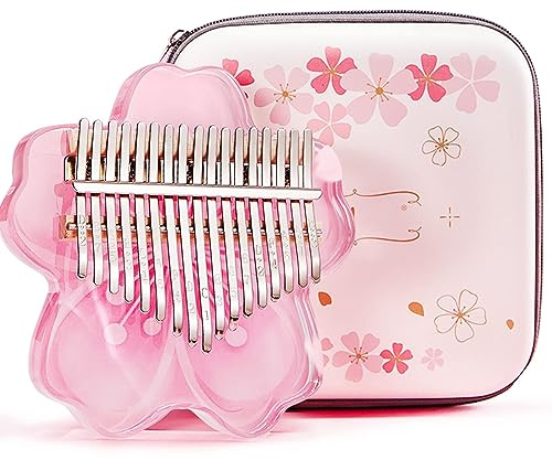 Crystal Clear Kalimba Daumen Klavier 21 Schlüssel mit Schutzhülle Full Kit, Sakura Form transparentes Fingerklavier 17 Schlüssel, professionelle Musikinstrumente für Pink-21 Keys