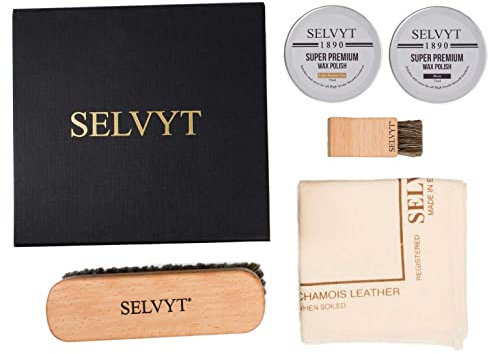 Selvyt 1890 SET V Shoe Care Kit Gift Box with Horse Hair Brushes, Cloth and Polishes