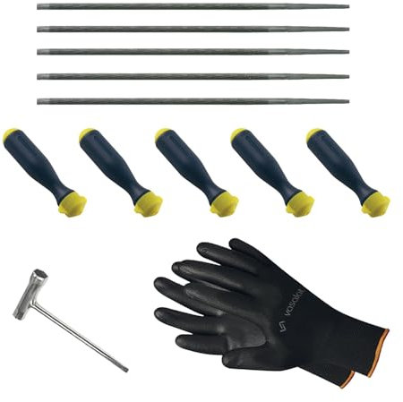 Feilenset für Kettensäge - 5-teiliges Feilenset - Feilen für Sägekette - jeweils mit Feilenheft + Kombischlüssel für Motorsäge