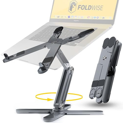 FoldWise X Premium Laptop Stand for Desk - 100% Aluminium, Portable & 360° Rotating - Adjustable Height & Angles Laptop Riser - Sturdy & Foldable MacBook Stand Compatible with All 11-18” Devices