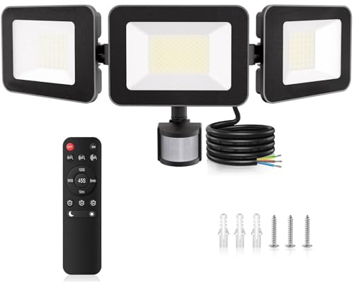 MEIHUA 100W LED Strahler Mit Bewegungsmelder Fernbedienung 9600LM IP66 | Wasserdicht Wasserdicht Flutlicht 6500K Drei-Kopf 270° Verstellbar Scheinwerfer Kaltweiß Für Außen Garten Garage Sportplatz