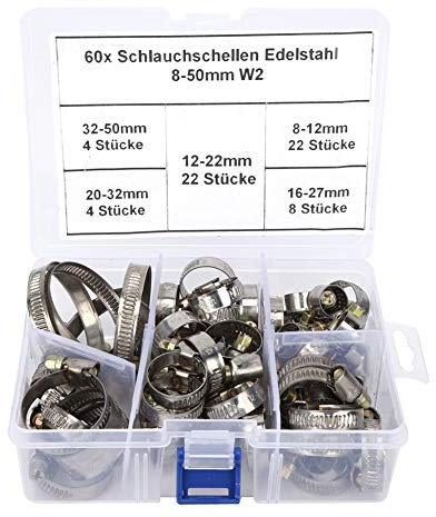 Vielseitiges 60-teiliges Edelstahl-Schlauchschellen-Set – deutsche Federklemmen für zuverlässige Abdichtung bei Sanitär- und Autoreparaturen – Größen von 8 mm bis 50 mm