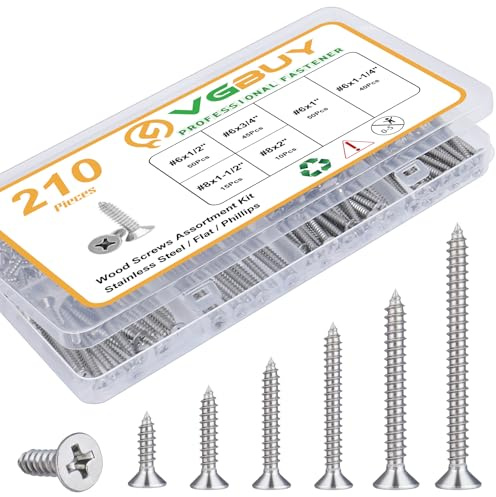 VGBUY 210Pcs Wood Screws Assortment Kit, 304 Stainless Steel Screws, Phillips Drive, Wood Screws, Screws, Screw Set, Assorted Screws, Screws Assortment Kit, 6 Sizes (2”,1-1/2”,1-1/4”,1”,3/4”,1/2”)