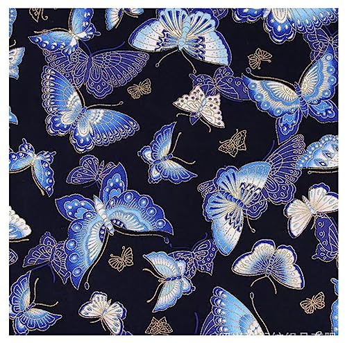 BrightGlow 100x150 cm Japanischer Stil Baumwollstoff Meterware Bunt Gedruckt Nähstoffe mit Blume Fächer Fliegender Kranich Tücher Baumwolltuch Kleiderstoff Quiltstoffe zum Nähen Marine-Schmetterling