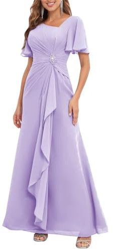 KURFACE Vestido de gasa para mujer con mangas, plisado, formal, para invitada de boda, Lila, 58 Más
