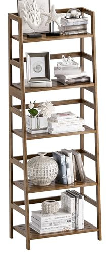 vovala Ladder Shelf, 5-Tier Bookshelf, All Bamboo Heavy Duty Bookcase, Freestanding Open Wood Storage Rack, Modern Corner Display Plant Stand for Living Room, Home Office, Bathroom, Bedroom, Walnut