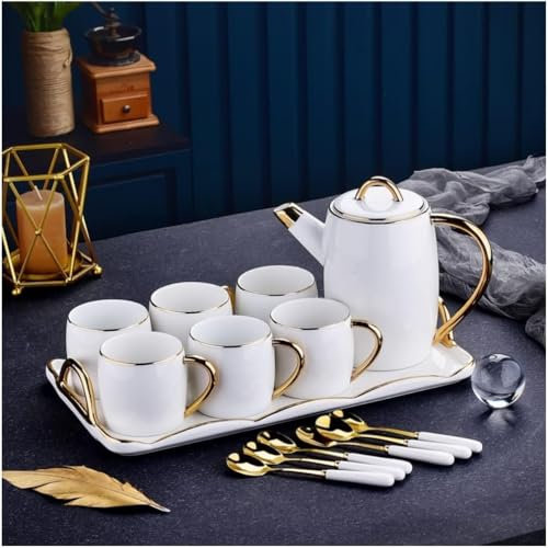 Service à thé de luxe 8 pièces avec poignée dorée pour thé chaud, chocolat et café, ensemble élégant de tasse à thé (blanc)