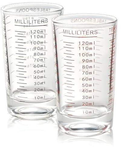 Forreen 2 Piezas Taza Medidora de Vidrio con Escala Pequeños Resistente al Calor Vaso Medidor Fiable Pared Gruesa Transparente Vasos de Chupito Perfecto para Hornear, Cocinar y Mezclar (120ml)