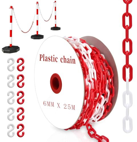 YUJUVI Plastic Chain High Visibility 25 Meter Plastic Barrier Chain Red and White Plastic Chain 6mm Chain Link for Crowd Control, Road Safety, Construction, Parking, Warehouse & Event Barriers