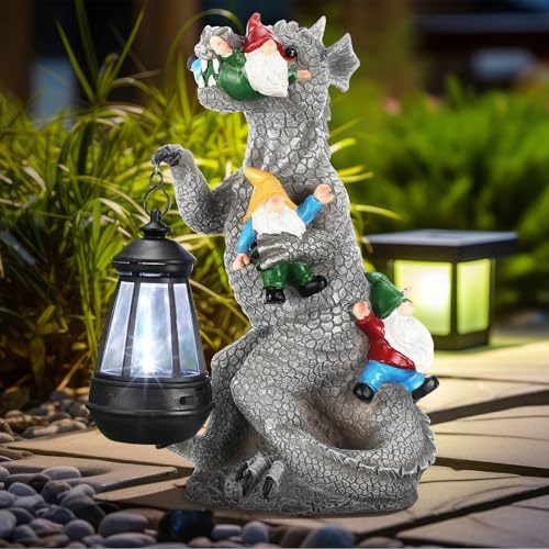 Aurelema Garden Statue Decor with Solar Lantern Dinosaur Eating Gnomes Garden Statues Outdoor Decor 12” Dinosaur Gnomes Garden Statues Gnomes Statues Gardening Gift for Outdoor Patio Yard Decoration