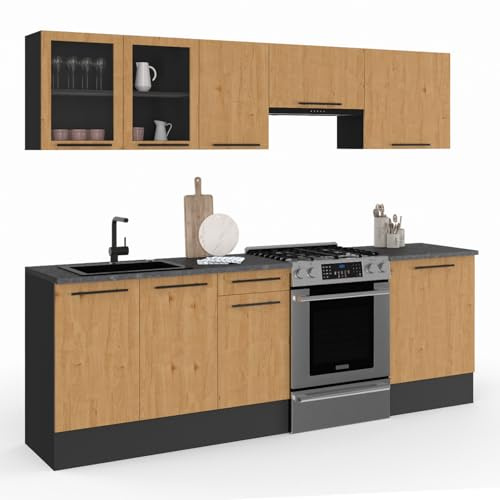 IDMarket - Komplettküche 240 cm SUBTIL mit Vitrine + Arbeitsplatte 7 Elemente Holz und Schwarz