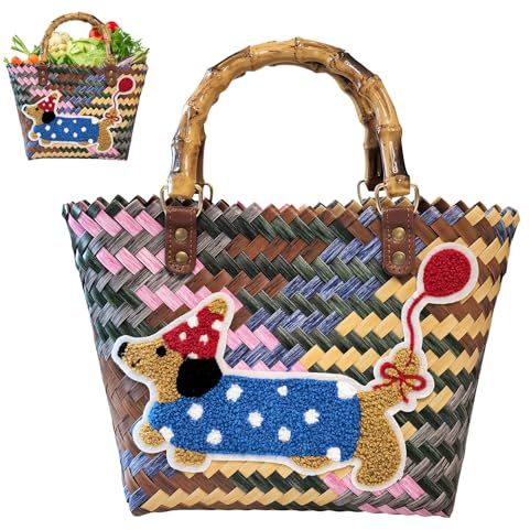 Panier à provisions tressé, sac tressé en rotin synthétique, teckel, sac de plage tressé, 40 x 13 x 30 cm, grand sac en osier pour femme, sac tressé, sac en paille d'été (D)
