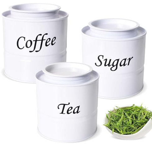 3 Pezzi Contenitore per Caffè, Tè e Zucchero, Set di Contenitori da Cucina in Latta, 350 ML Contenitori Sigillati, Eleganti Contenitori per Tè, Caffè e Zucchero, Perfetti per l'Angolo Caffè (Bianco)