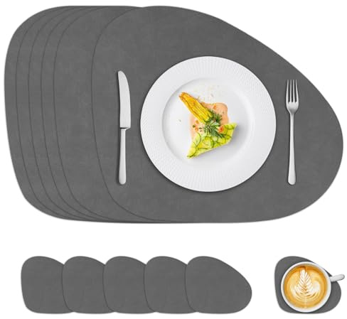 Set 6 Tovagliette Americane Ovali in PVC, Doppia Faccia Antiscivolo e Resistenti al Calore, Lavabili e Facili da Pulire, Ideali per Colazione e Sala da Pranzo (Grigio/Grigio Scuro)
