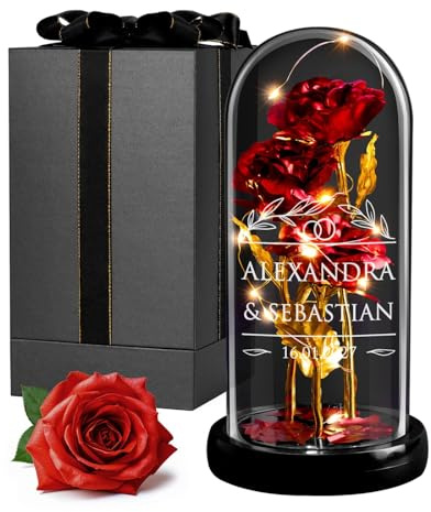 Maverton Rose Eternelle sous Cloche LED avec Gravure, Rose Immortelle Rouge | Avec Lumière Chaude LED, Idee Cadeau Couple, Cadeau Personnalisé Amour pour Amis Saint-Valentin Mariage, prénoms