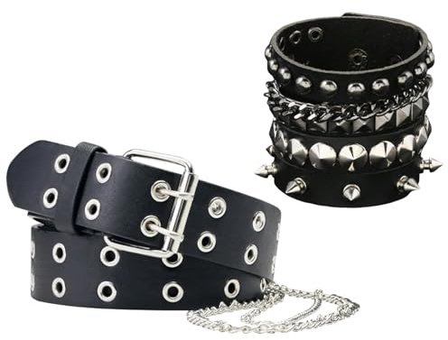 RQcMid 4er Set Schwarz Mit Nieten Und Kette, 110 Cm Länge 3.3 Cm Breite, Punk Gürtel, Goth Gürtel, Emo Studded Belt, Bullet Belt
