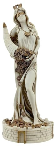 Tyche Fortuna Statua - Dea della ricchezza e della fortuna, scultura in marmo fuso a mano su castello, finitura grigia, arte greca, 39 cm