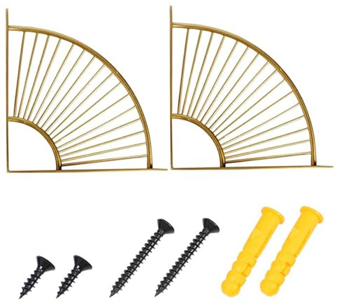 Goldene Regalhalterungen, 2 Stück goldene Regalhalterungen, fächerförmiges Metall, dekorativ mit Schrauben, Hardware, Wandmontage, modern, für Küche, Badezimmer, Wohnzimmer