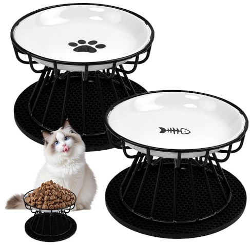 BRRDAQU 2 Stück Katzennapf Erhöht aus Keramik mit Metallständer & Silikon-Matte Futternapf Katze Anti Erbrechen Katzenfressnapf für Futter & Wasser Erhöhte Futterschüssel für ältere Katzen Kätzchen