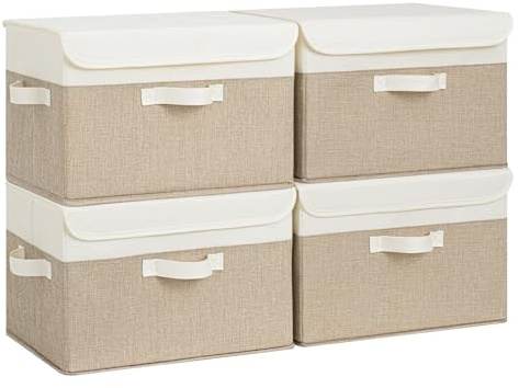 GRANNY SAYS Large Storage Boxes with Lids, Pack of 4 Decorative Fabric Storage Boxes for Shelves, Foldable Closet Organisers and Baskets Organisation, Clothes Box for Organising Bedroom, White/Khaki